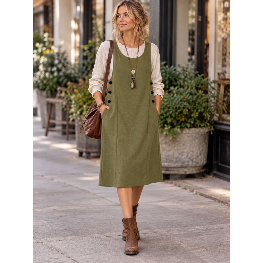ASOS Olive Green Sleeveless Jumper Dress With Side Buttons Size 4 - Picture 1 of 6